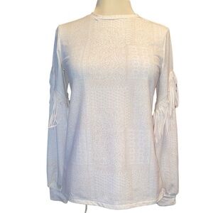 Cruel Denim blouse long sleeve w/fringe crewneck printed w/circles leaves Sz XS